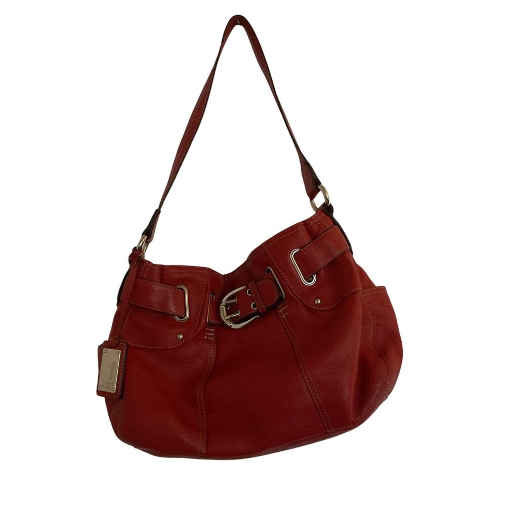 Tignanello Red Pebbled Leather Shoulder Hobo Bag Silver Hardware Large Purse